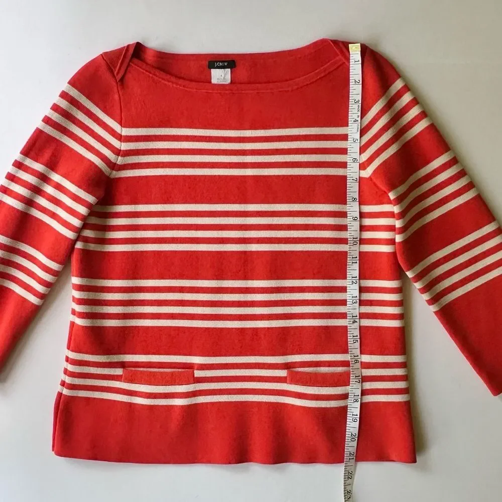 J. Crew Boatneck Popover Sweater in Orange Knit w/ Cream Stripes Pockets Size S